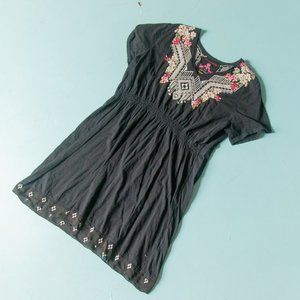Johnny Was Black Cotton Knit Floral Embroidered Short Sleeve Mini Dress Sz XL